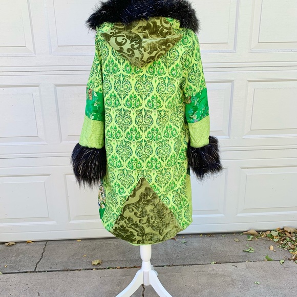 Lux Muse green black fur patchwork festival coat jacket satin lined - Picture 5 of 6